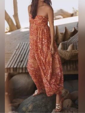 Anthropologie Harem Strapless Boho Smocked Jumpsuit Coverup Red Coral Print Sz S